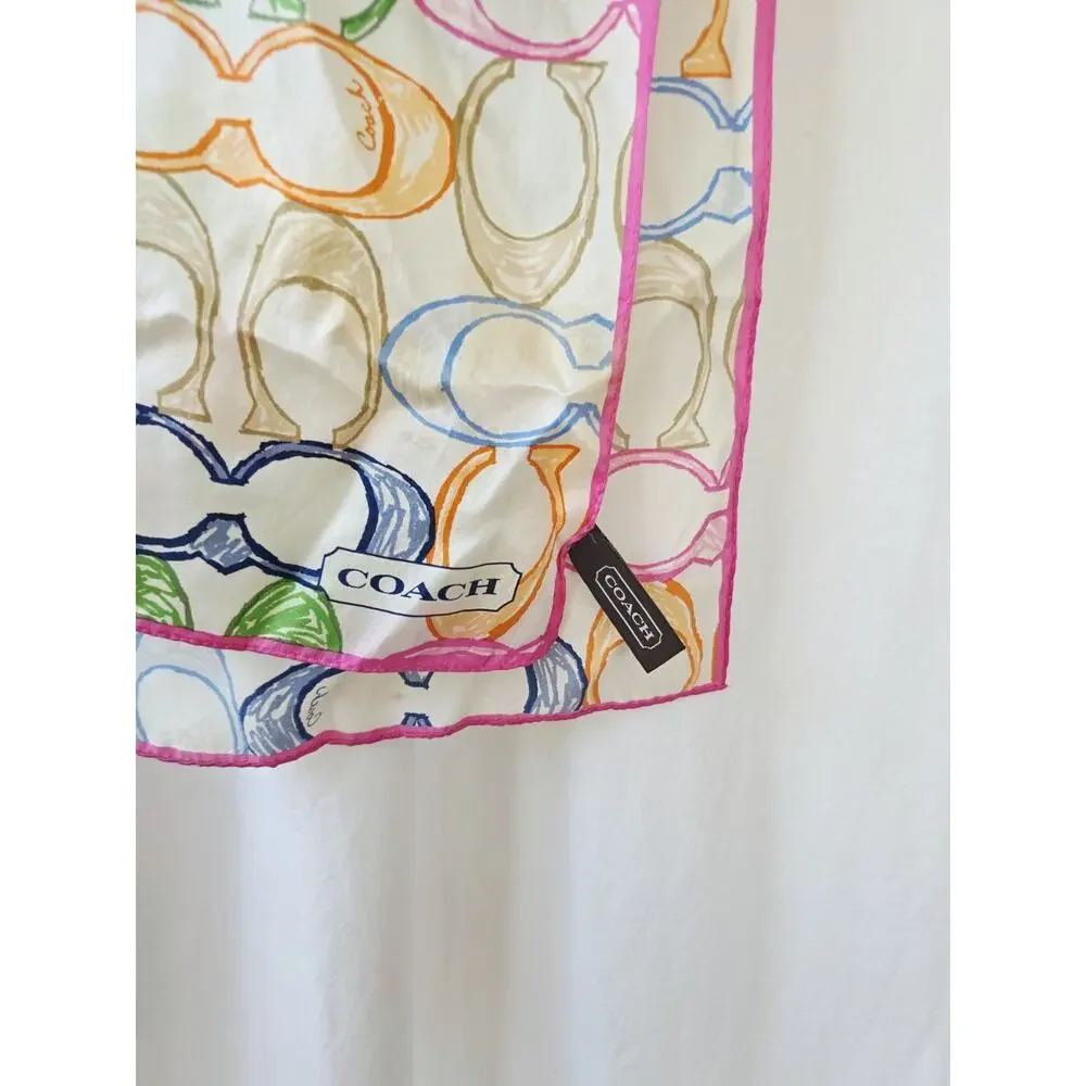 COACH Scarf Signature Rainbow Silk Satin Scarf 58 x 10 Pink Blue White Vtg 90's